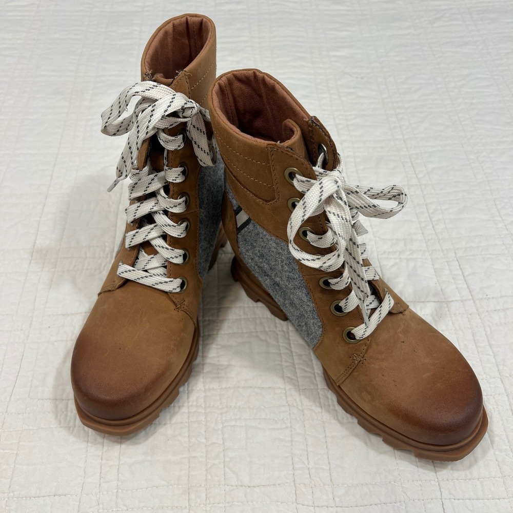 Sorel Joan of Arctic Next Wedge Brown Grey Leather Felt Boots NL4362-243 Women 7